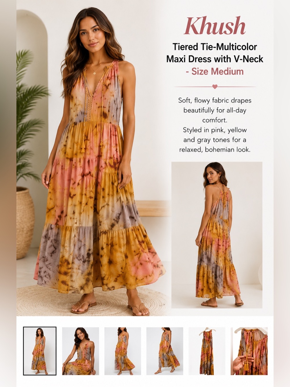 Khush Tiered Tie-Multicolor Maxi Dress with V-Neck - Size Medium